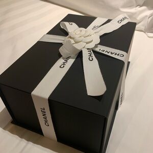 Authentic rare mid size folded Chanel Black Box with White Ribbon,Camellia box